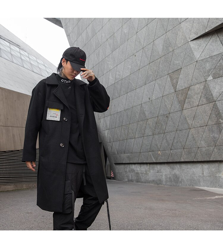 Punk rock Long woolen trench coat men Black Loose Autumn Winter