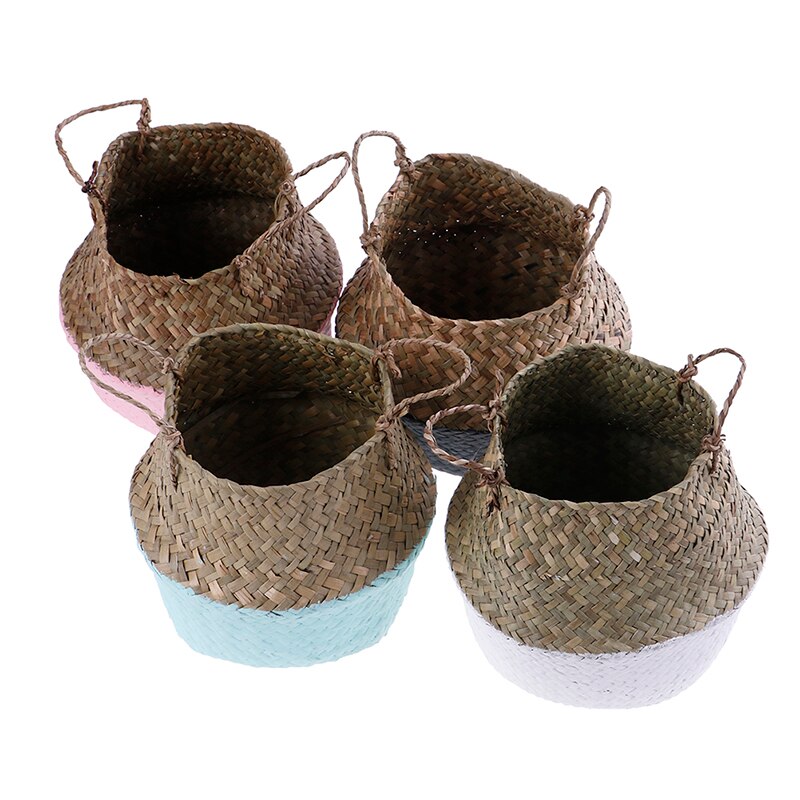 Handmade Wicker Basket Bamboo Seagrass Flower Pot Storage Basket Foldable Straw Patchwork Rattan Seagrass Belly Garden Decor