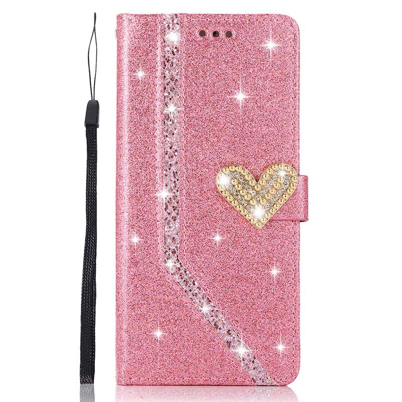 Glitter Leather Wallet Case for Huawei Flip Cover Protector P40 P30 Lite P20 Pro Mate10 Mate20 Pro: aluminum / Pink