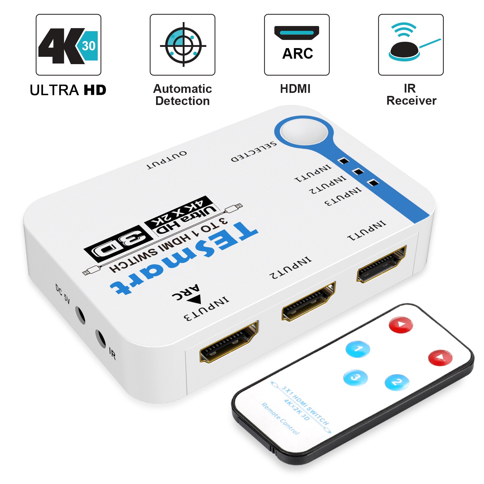 HDMI Switch, TESmart Intelligent 3x1Port HDMI Switch/Switcher, Splitter, Supports 4K, Full HD1080P, 3D with IR Remote: White (With Remote)