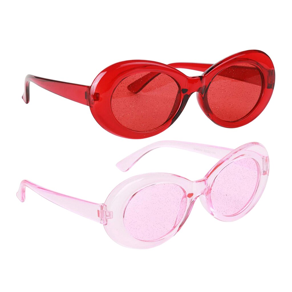 Pack Of 2 Retro Transparent Red Pink Oval Sunglasses Clout Goggles Glasses