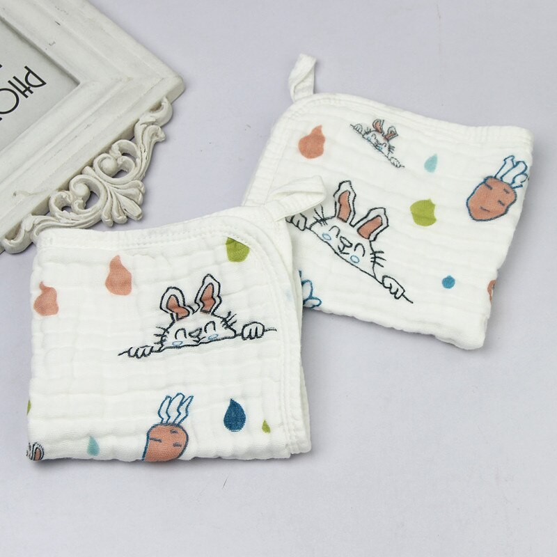 Toalla cuadrada para bebé, 6 capas de gasa, estampado de dibujos animados, Linda temperatura, lavado, arrugas, toallas faciales para Saliva, para bebé, borde, hebilla colgante: Rabbit 1pc