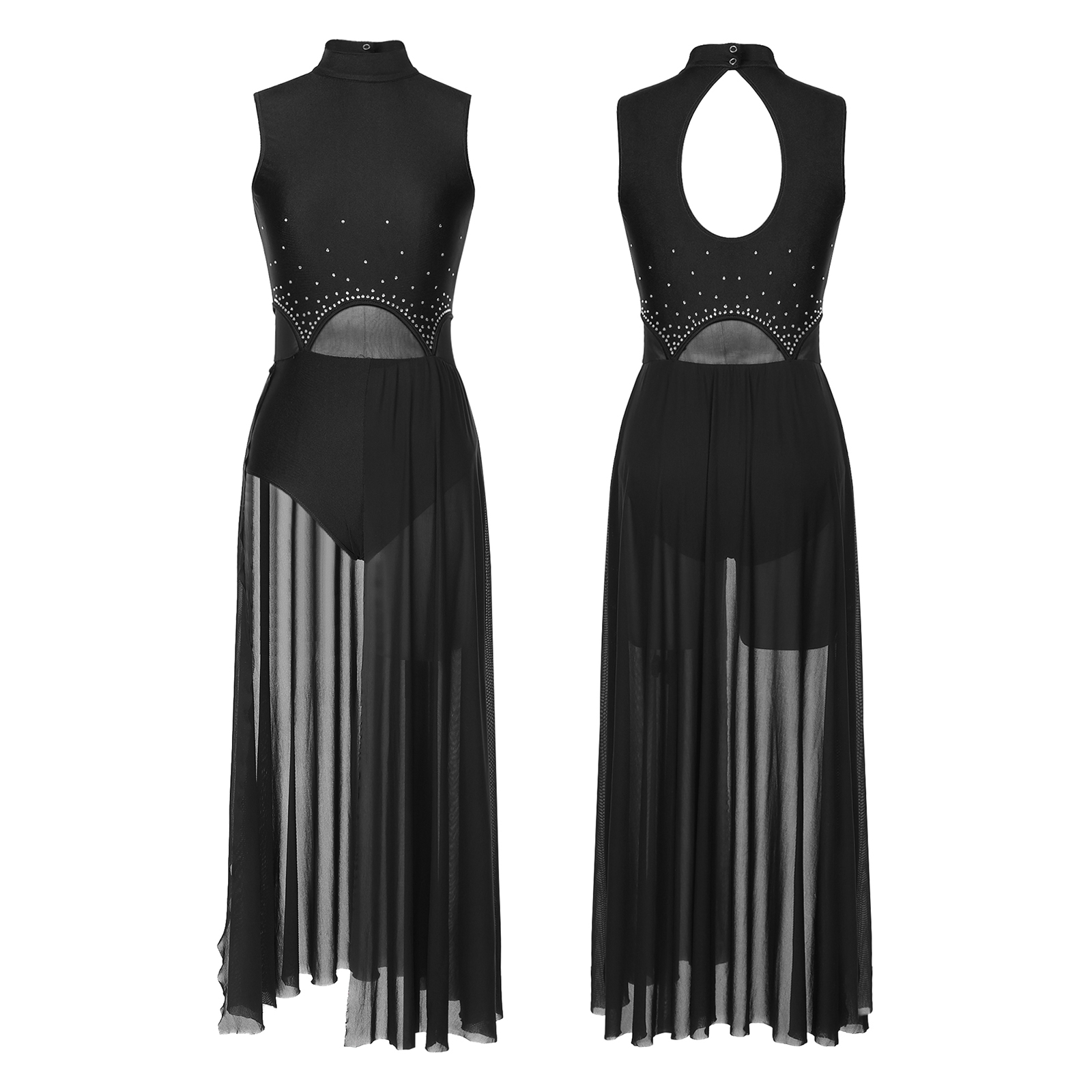 Women Sleeveless Contemporary Lyrical Dance Leotard Dresses High Split Sheer Mesh Skirted Ballet Gymnastics Bodysuit Dancewear: S / Brown