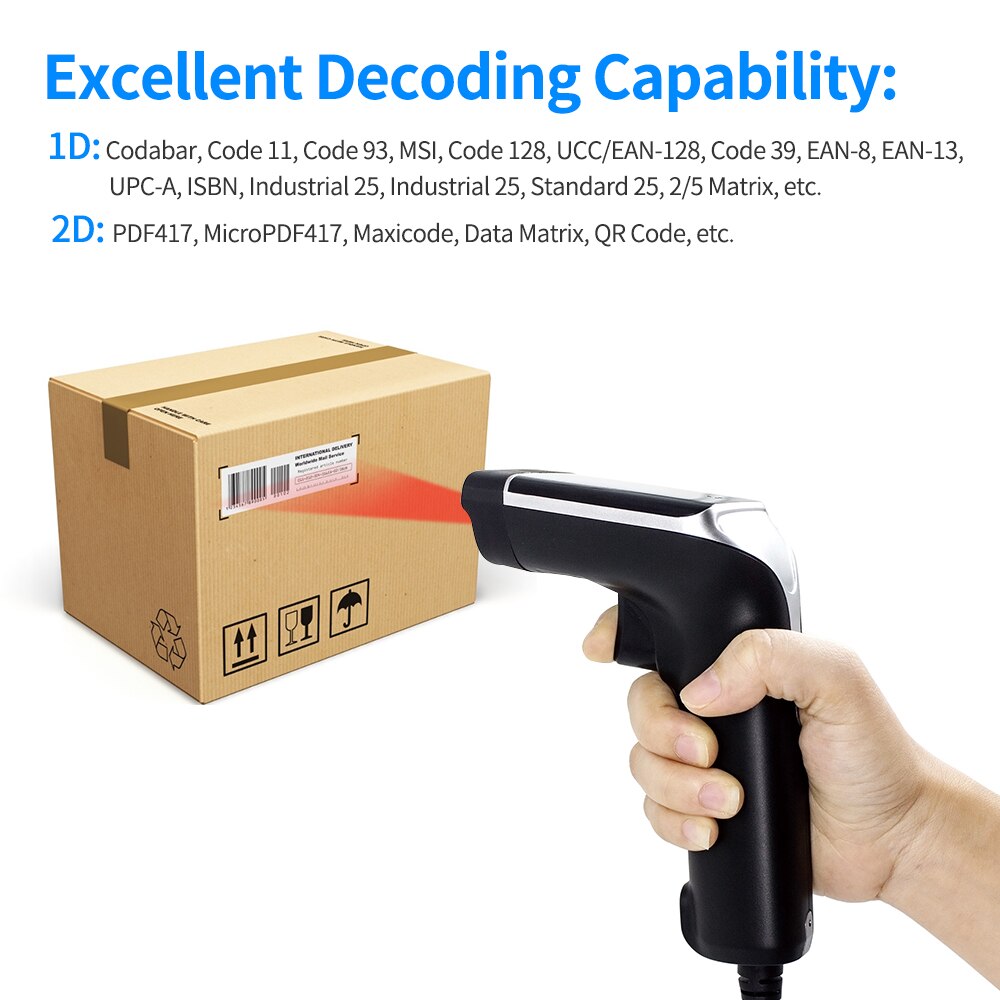 Aibecy Handheld 1D/2D/QR Barcode Scanner USB Wired Bar Code Reader Support Two-Way Manual/Auto Continuous Scanning