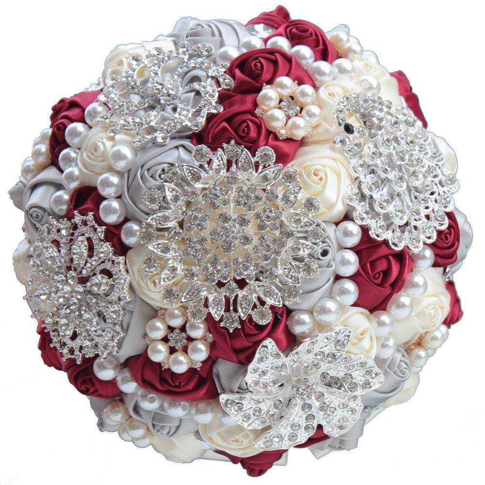14 Colors 1Piece Ivory Flower Bouquet Stunning Pearls Beaded Crystal Bouquet De Mariage Wedding Flowers Bridal Bouquets: Wine Silver Ivory