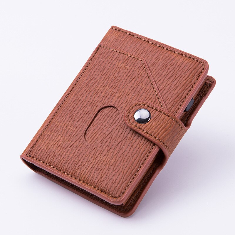 Pitébo – boîte à cartes en cuir NFC en fibre de carbone, brosse antivol, pack de cartes pour hommes et femmes, bouclier de grande capacité RFID pop-up automatique: Brown Wood grain