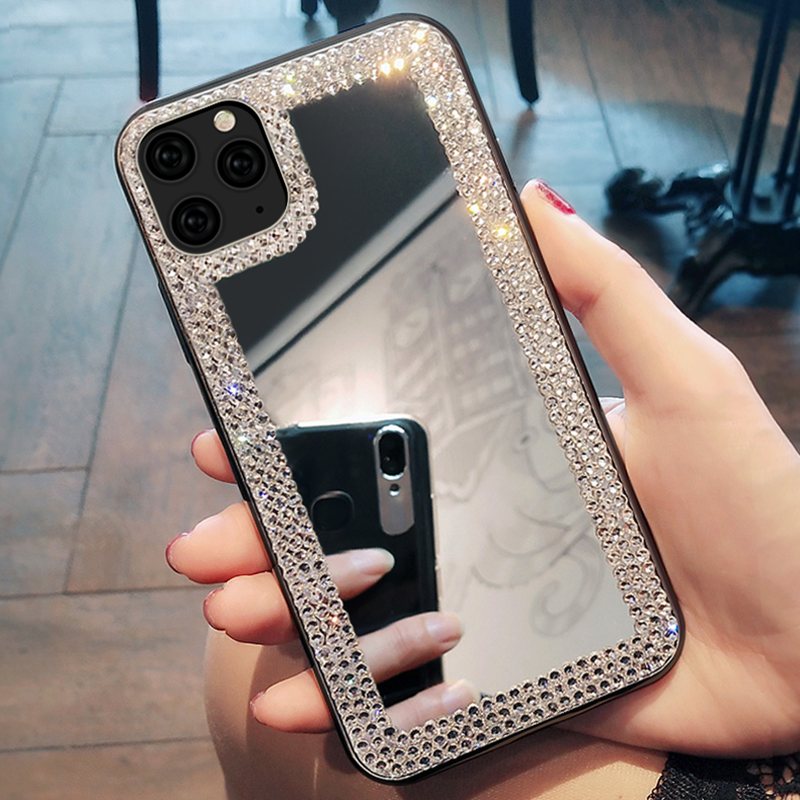 Luksus rhinestone diamant spejl telefon etui til iphone 13 11 pro max x xr  xs 12 blødt stødsikkert cover cover til iphone 7 8 plus