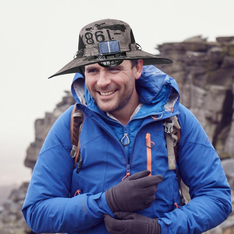 Fischerhut mit Solarventilator, wiederaufladbarer Sonnenhut mit Solarventilator, leichte Angelhüte, breite Krempe, draussen-Sonnenschutz zum Wandern