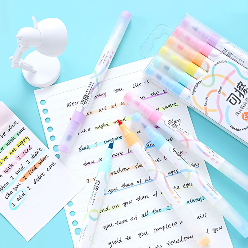 Juego de 6 resaltadores borrables Kawaii de colores, notas de doble cabeza para tomar el forro, marcadores de 4mm de espesor, bolígrafos fluorescentes para notas
