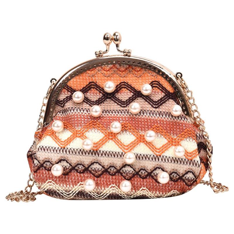 Etniske vævede perler dekor skulder håndtasker kvinder lille kæde crossbody taske udendørs crossbody messenger taske totes: Orange