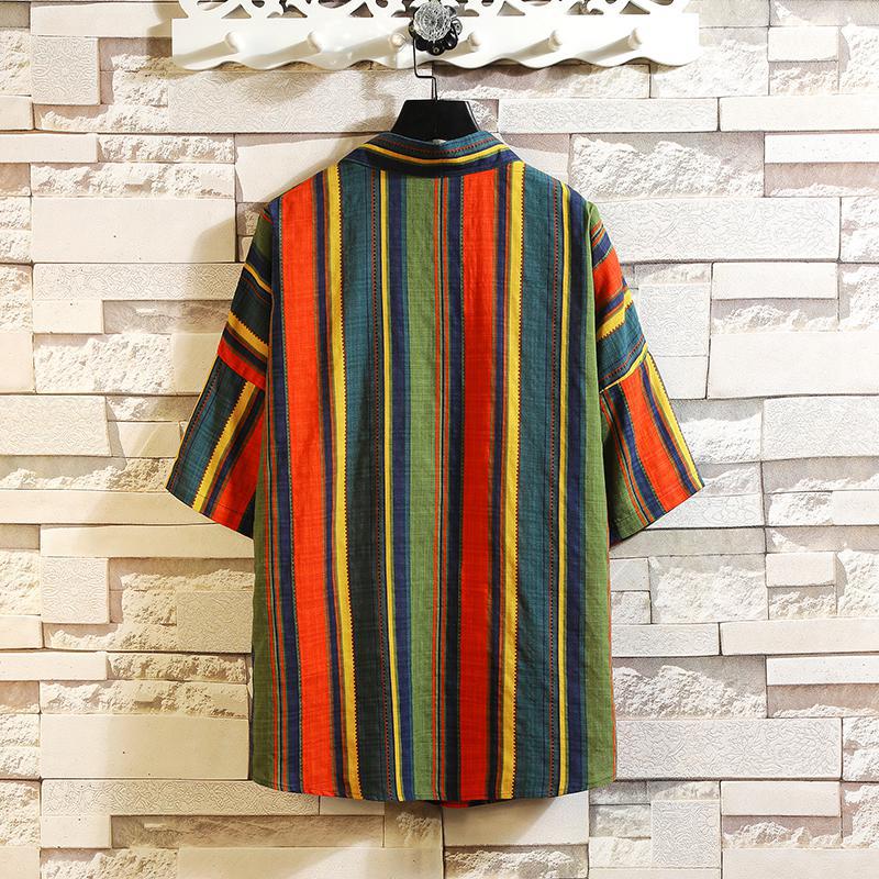M -5xl vintage kortärmade skjortor för män plus storlek casual randig sommarskjorta regnbåge retro färgglada randskjortor xxxxxl