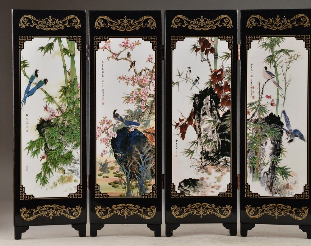 ( Mini ) Exquisite Chinese Handwork Lacquer Painting Bird Flower Folding Screen