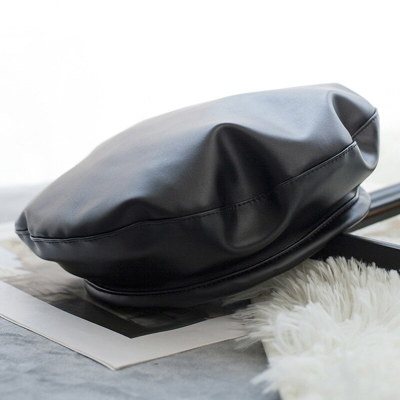 Winter baret pet dames casual pu leren baret hoed voor dames herfst retro mutsen: Zwart