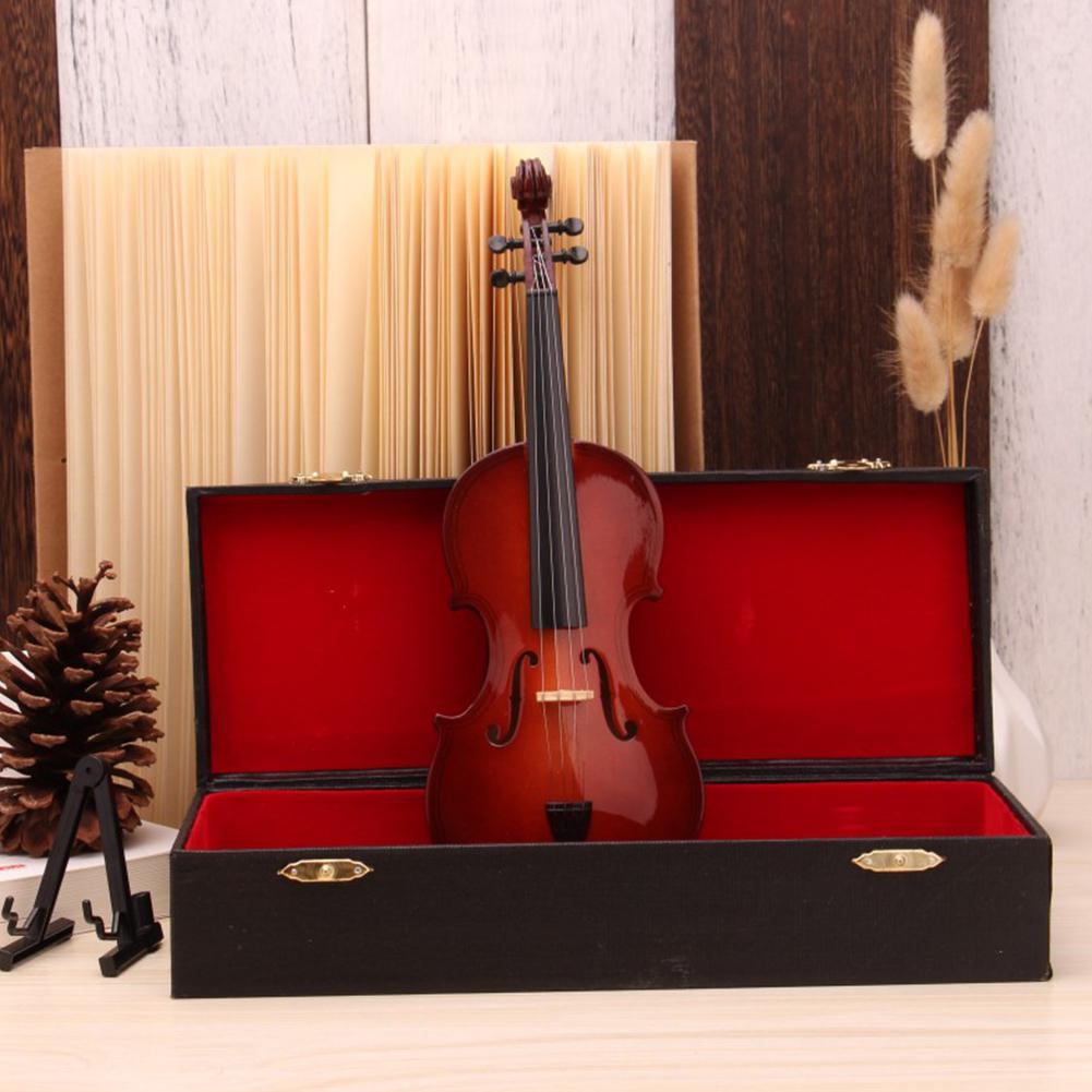 Mini violin model miniature klassisk violin replika dekoration display mini musikinstrument ornamenter med stativ kasse: 25cm