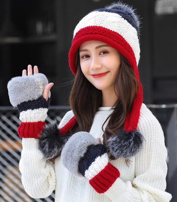 Chapéu feminino e luvas conjunto para mulher chapéu de inverno de lã kitted chapéus para mulher chapéu conjunto de luvas gorro acessórios de inverno