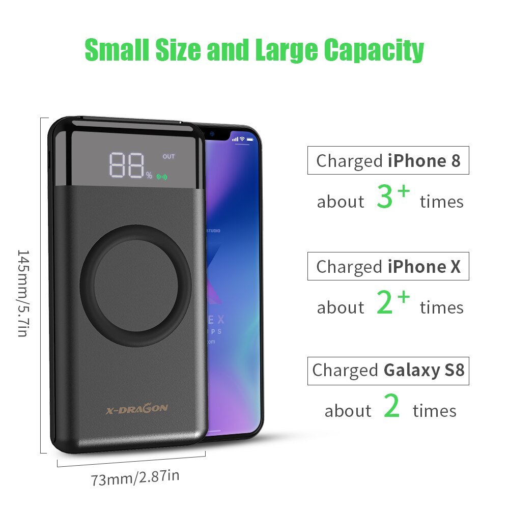 Cargador de batería externo inalámbrico para teléfono, batería de polímero de litio de 10000mAh para iPhone X, Xr, Xs, max, 11, 12 Pro, Samsung y Huawei