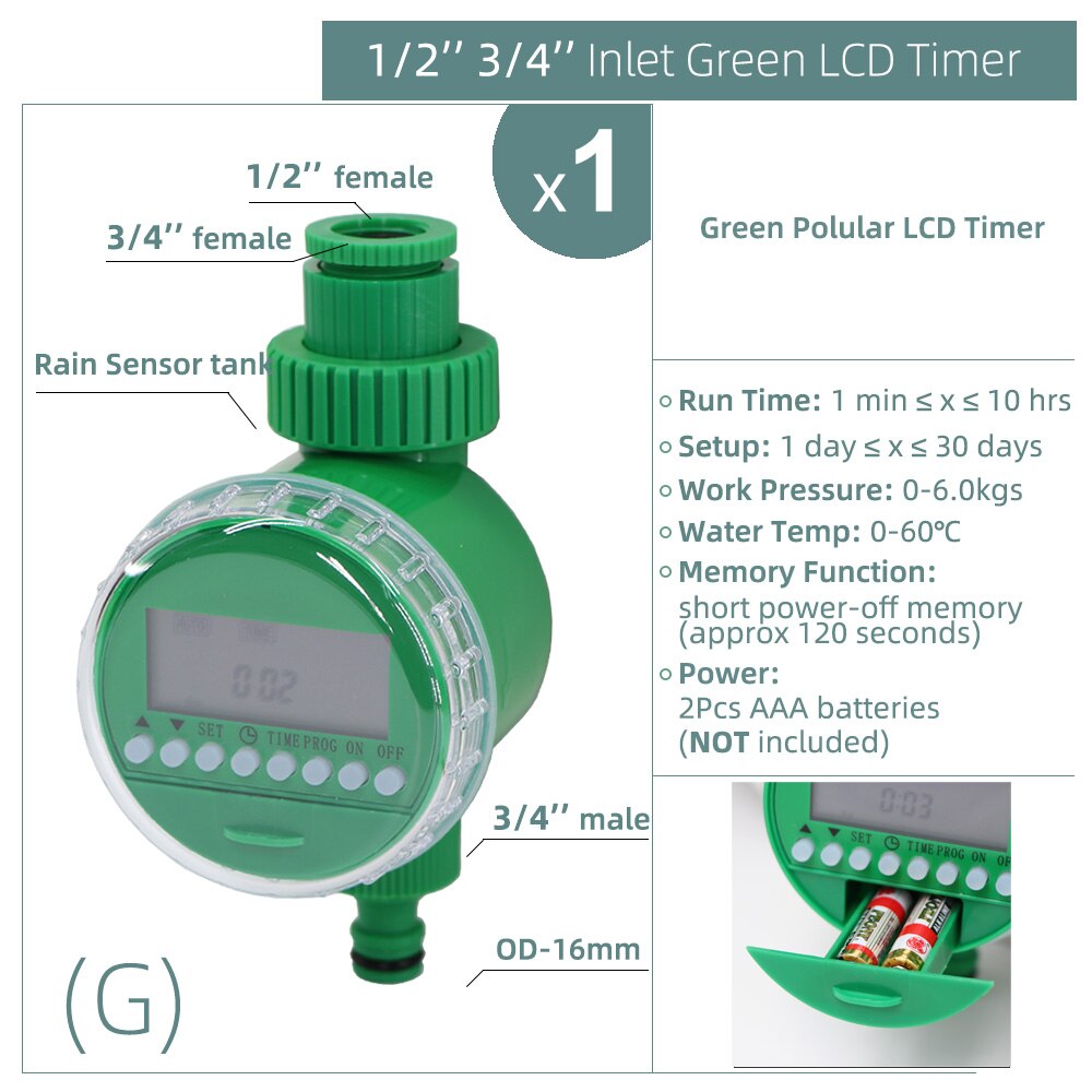 1PC Water Timer Rain Sensor Solar LCD Double Dial Ball Valve Controller Garden Watering Irrigation 1/2&#39;&#39;3/4&#39;&#39; Tap Joint Solenoid: G-1PC
