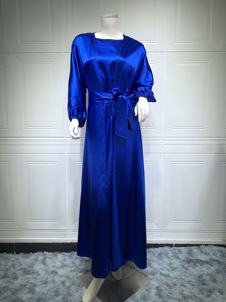 Arabischen 2 stücke Abaya Set Arabisch Kaftan Frauen Seidige Kimono + Sleeveless Langes Kleid Muslimischen Spiel Anzug Dubai Islam Modest outfit Ramadan: blue set no scarf / L