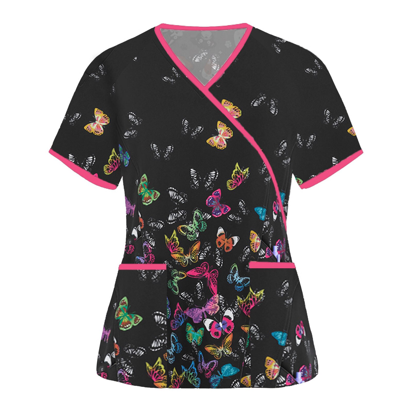 Ziekenhuis Schoonheidssalon Werkkleding Uniform Vrouwen Korte Mouwen Vlinder Print Grafische T-shirt Met Pocket Verpleging Scrub Tops Tie Terug: BK / Xxl