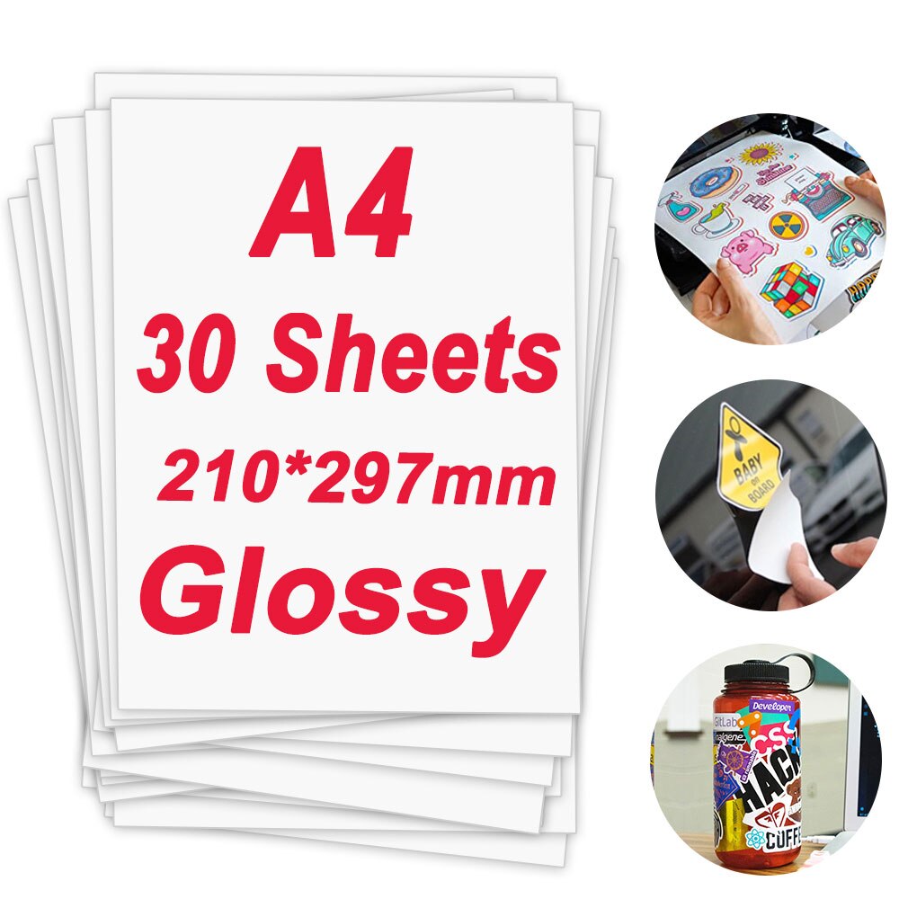 10/30/50/100Sheets A4 Glossy Printable Vinyl Sticker Paper Waterproof 210*297mm Self-Adhesive Label Sticker for Inkjet Printer: 30Sheets Glossy