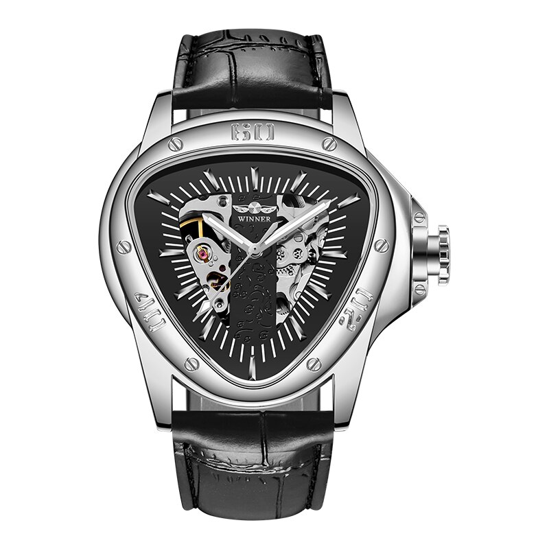 Jaragar-reloj mecánico automático para hombre, cronógrafo con correa de cuero, esfera triangular única, deportivo, Masculino: black silver