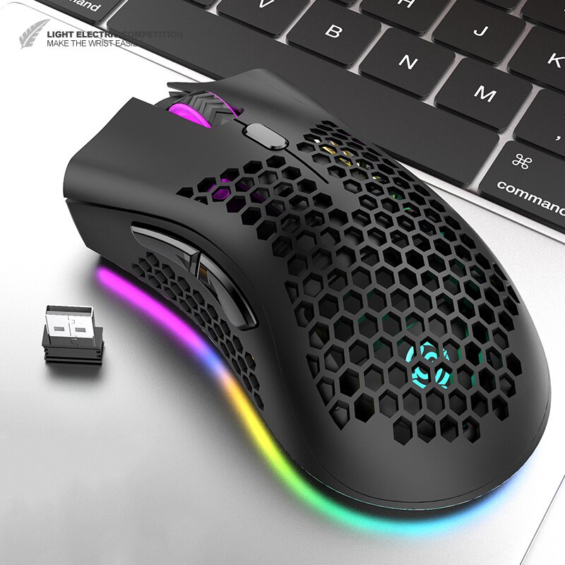 BM600 2.4GHz Wireless Gaming Mouse USB Rechargeable 1600DPI Adjustable RGB Backlit Hollow Out Honeycomb Office Gamer Mice: black