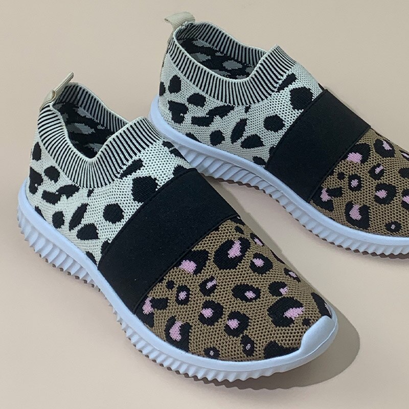 Vulkaniserede sko kvinder flade sko slip on loafers åndbar kvinde leopard mix farvet efterår kvindelige fritidssko plus str.