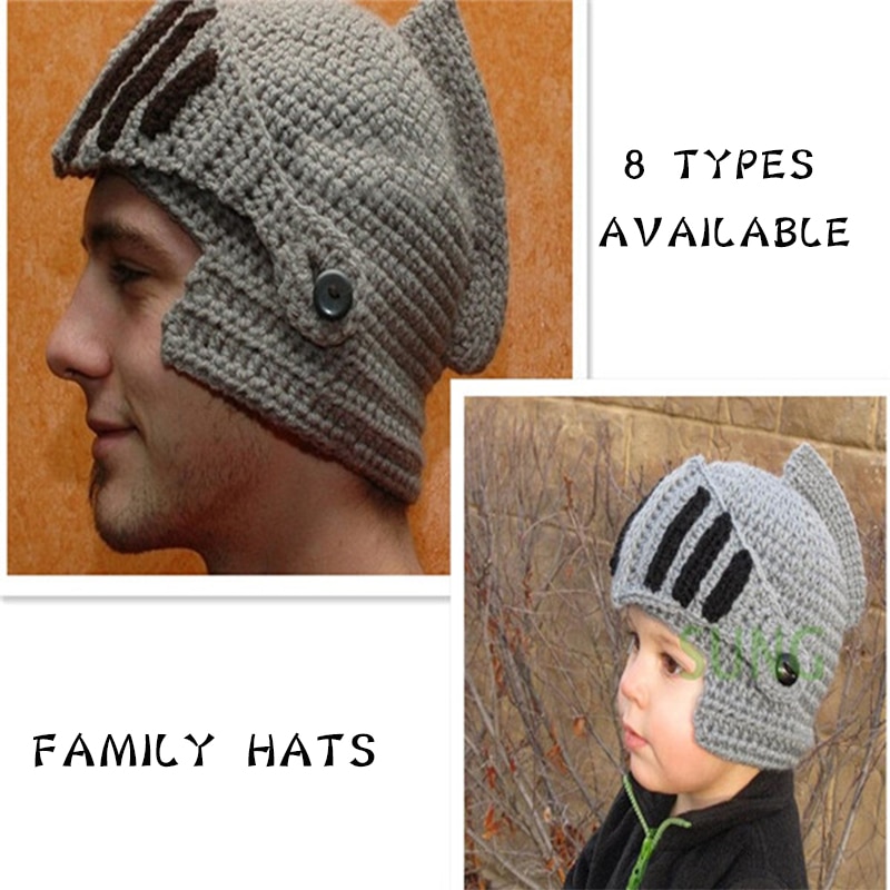 Roman Knight Helmet Caps Winter Warm Hats For Family Novelty Handmade Knit Hats Father Kids Beanies Cap Party Mask