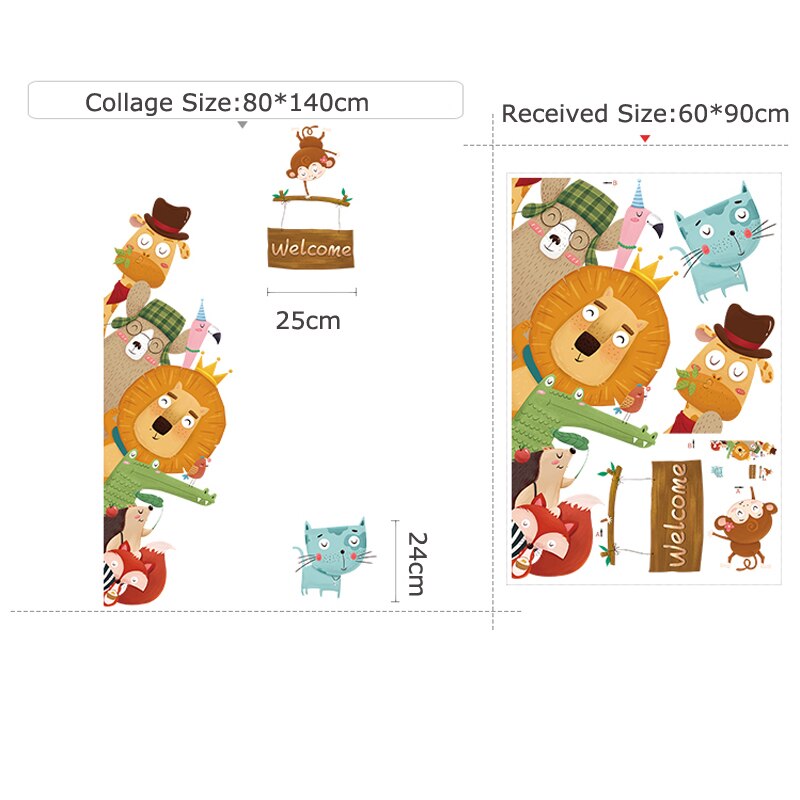 Tofok Cartoon Giraffe Lion Door Sticker Cartoon Zoo Children Room DIY Nursery Wall Decorative Sticker Home Window Fridge Decals