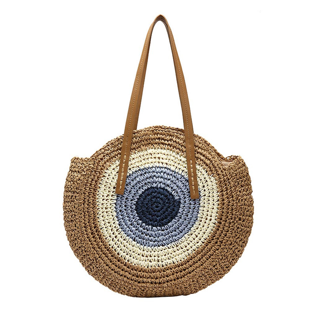 Round Straw Bags Women Summer Rattan Bag Handmade Woven Beach Bag Circle Bohemia Handbag Bali bolso paja#30: Brown