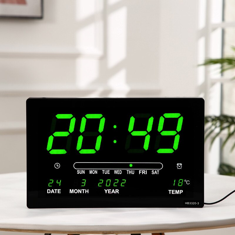 Large Electronic Wall Clock Alarm Hourly Chime Function Calendar Temperature Display Table Clocks With Plug Digital LED Clocks: B Green