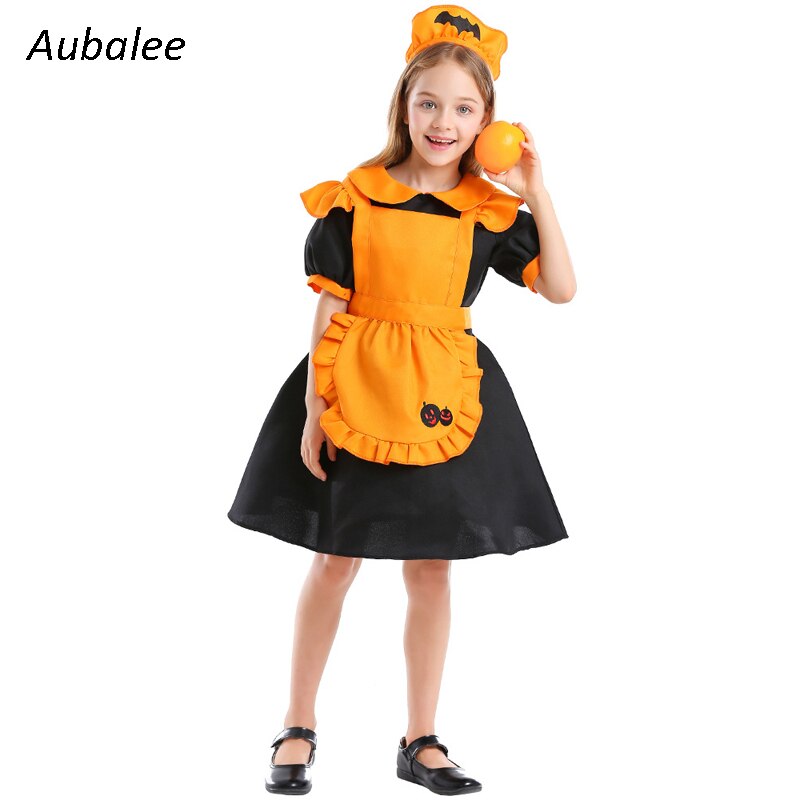 Halloween græskar kostume børn piger orange slik outfit stuepige cosplay kjole sødt barn hallowmas dress up