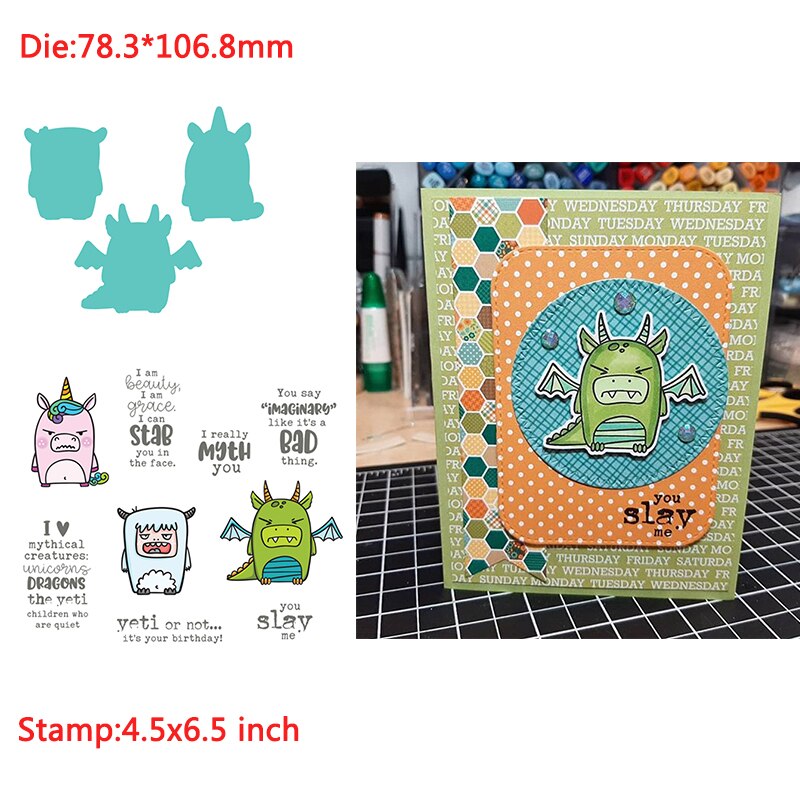 Ensemble d'animaux drôles de petits monstres assortis aux mots tampons et matrices en silicone transparents pour le scrapbooking et la fabrication de cartes d'album photo diy: 7