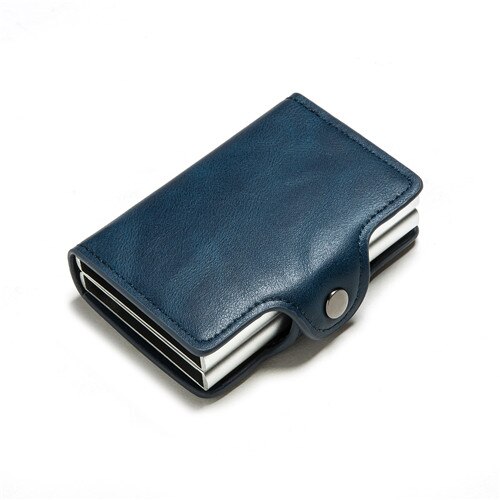 Rfid Blocking Bescherming Leather Wallet Id Credit Card Houder Met 2 Metalen Aluminium Business Bank Card Case Voor 14 Kaarten: Blue