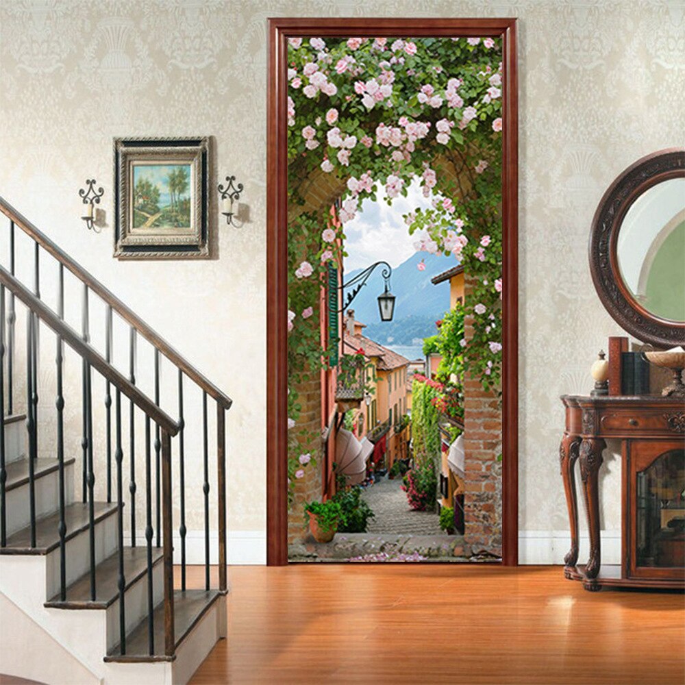 3D Door Deco Sticker Wallpaper Waterproof Vinyl PVC House Bedroom Door Decoration Sticker Rose Arch Door Wallpaper Stickers