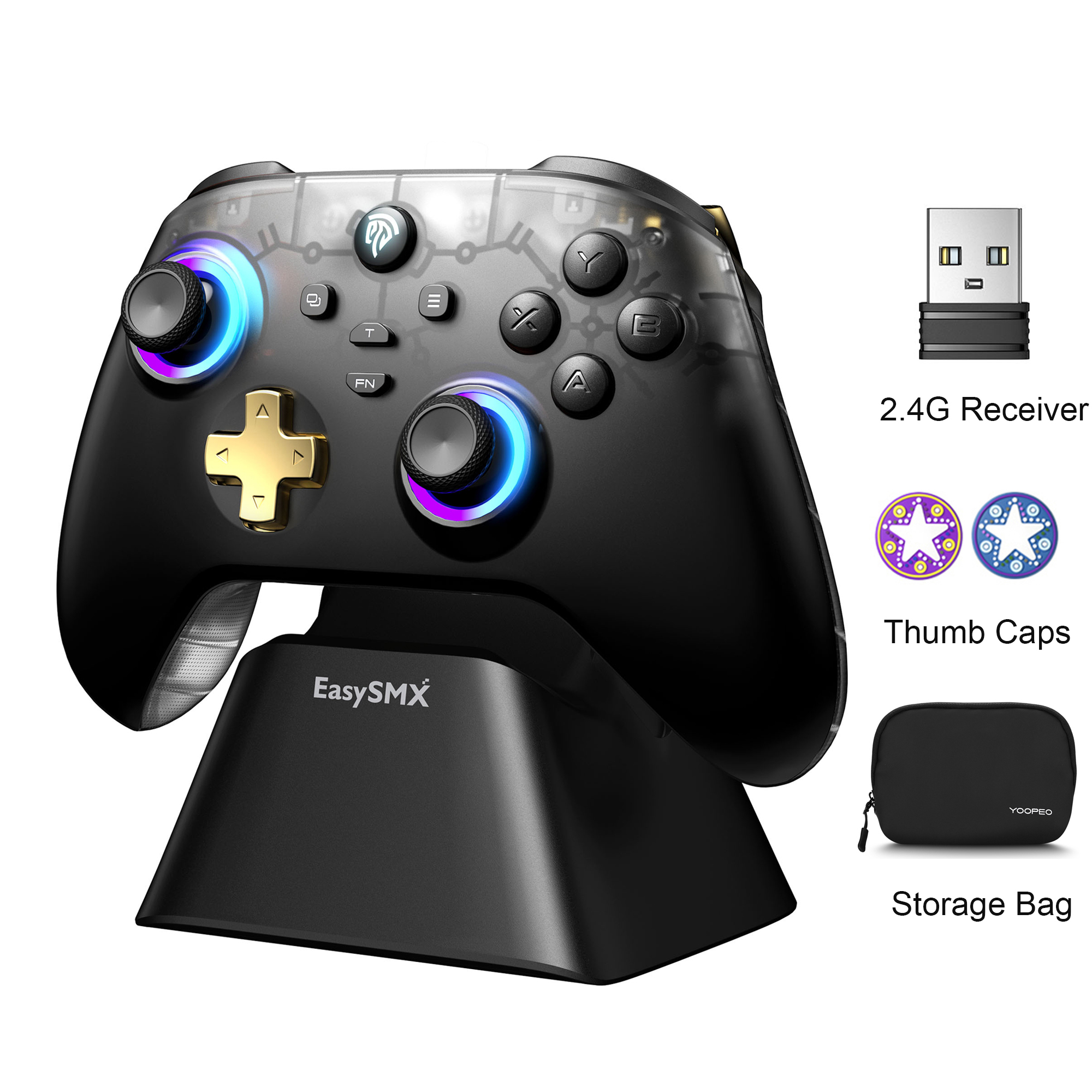 EasySMX D05 Wireless Gamepad with Charging Dock RGB Hall Effect Joysticks Game Controller for PC Nintendo Switch TV Phone: silver