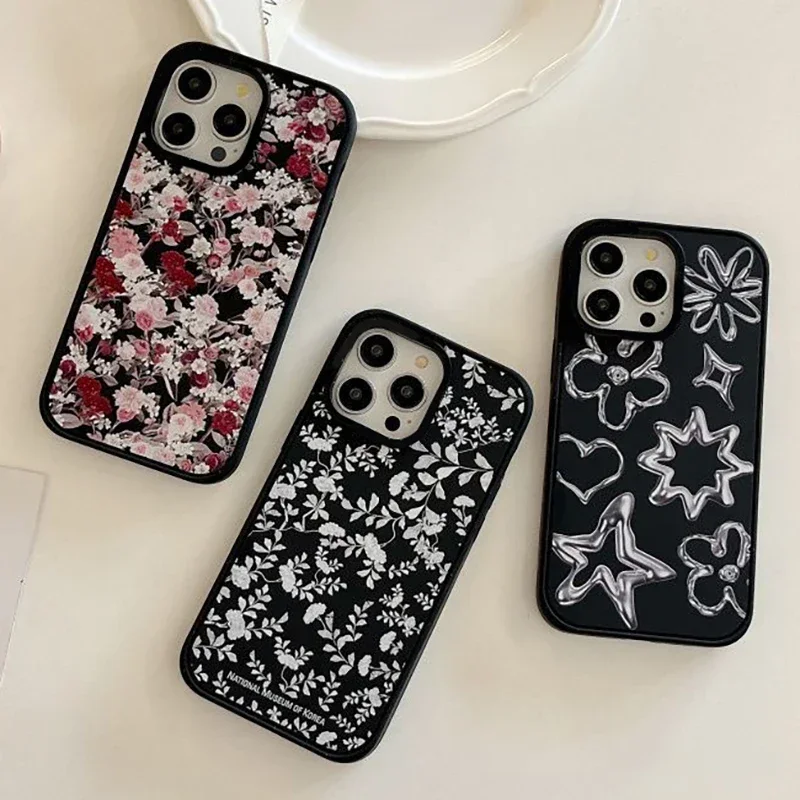 Magnetisk sort frostet telefoncover med blomstermotiv i koreansk museumstil til iphone 13 14 15, 16 pro max