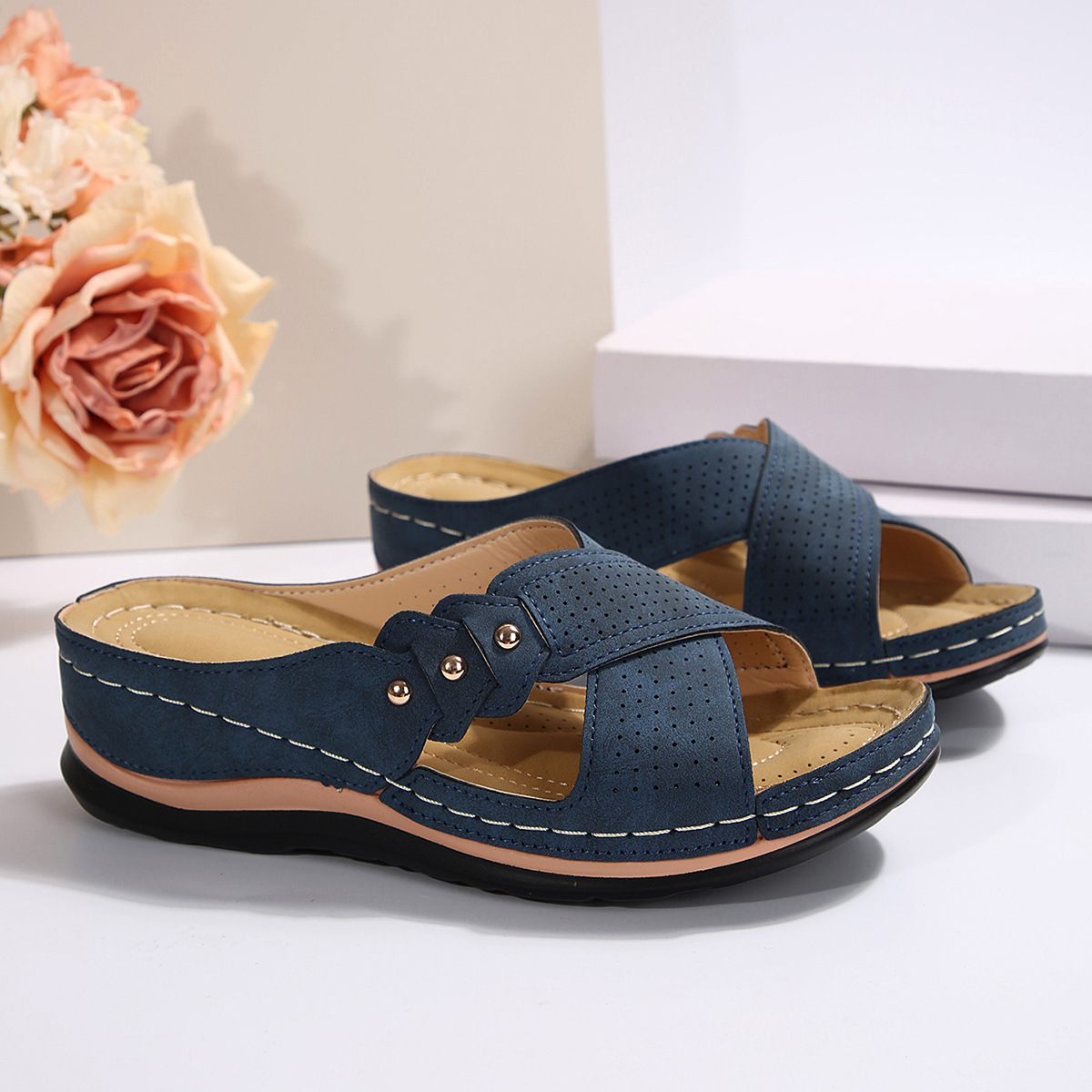 Vintage Mid Hak Strappy Rug Open Teen Slide Sandalen-Zachte Faux Lederen Bovenkant, Comfortabele Pu-Zool Comfortabele Schoenen Voor Dames: Blauw / 40