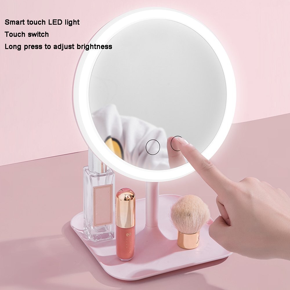 Espejo LED de sobremesa para maquillaje ligero, espejo con luz de relleno, espejo de belleza portátil inteligente con pantalla táctil opcional, brillo, carga USB