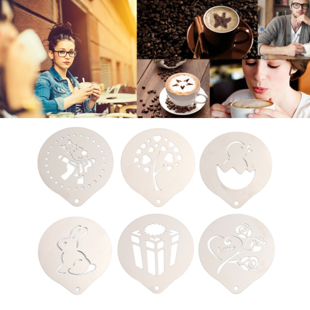 1 Set of 6pcs Coffee Stencils Stainless Steel DIY Cappuccino Latte Milk Foam Art Template Printing Model (Assorted Style 1): Silver Set 7