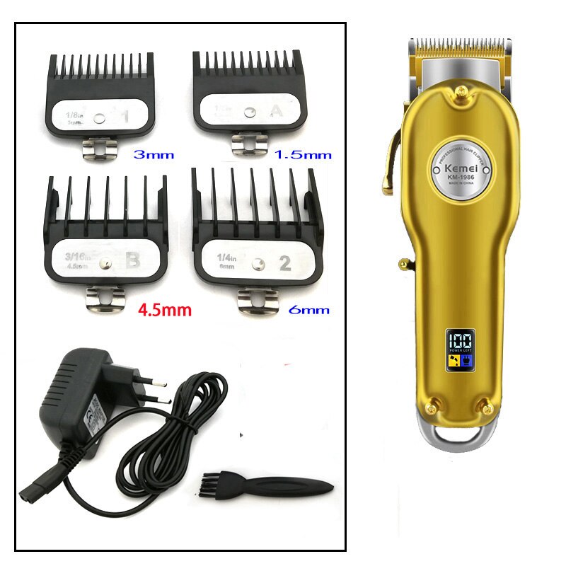 Kemei 1986 All-metal Barber Hair Clipper Electric Cordless LCD Hair Trimmer Gold Silver Hair Cutting Machine Mower: Gold Without Box / AU Plug