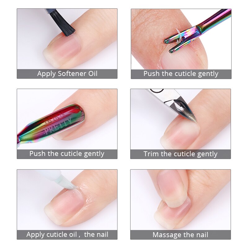 Born pretty 3- delige set nagelriemverwijderaars, regenboogzilveren dode huidsnijder, vork, nagelkunst, pedicuregereedschap