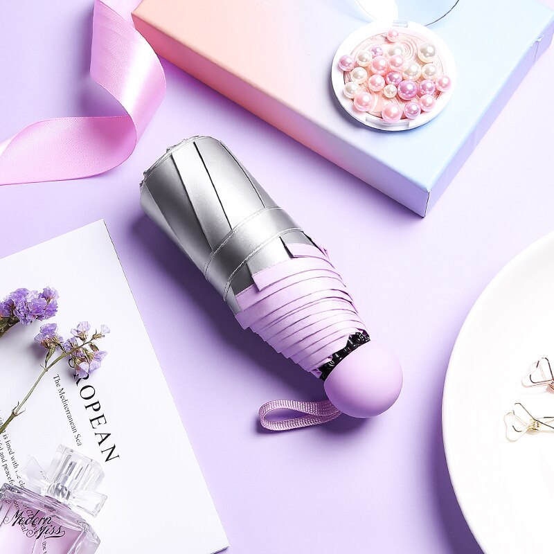 Mini Pocket Titanium Silver Glue 5 Fold 8 Ribs Umbrella Sun Protection Rain Windproof Folding Umbrellas For Woman Man: Lavender purple