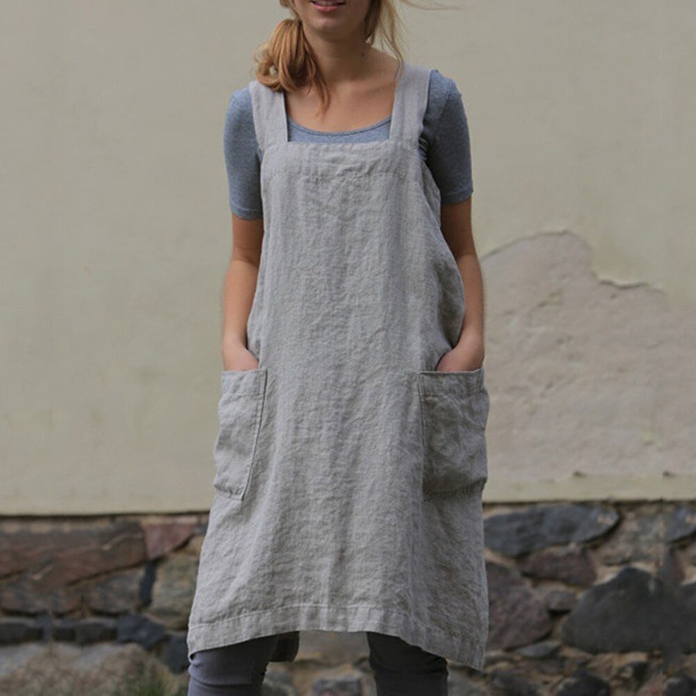 Women Bib Apron Kitchen Solid Florist Home Cooking Sleeveless Cotton Linen Cleaning Chef Household Baking Washable Pinafores: Grey / 5XL