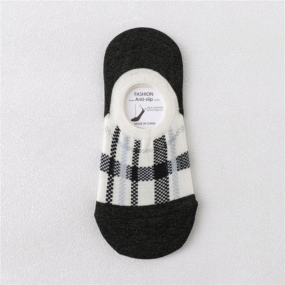 5Pcs Katoen Slipper Plaid Kleur Antislip Onzichtbare Zomer Ademende Comfortabele Sokken Vrouwelijke Boot Sokken Vrouwen Siliconen: Black