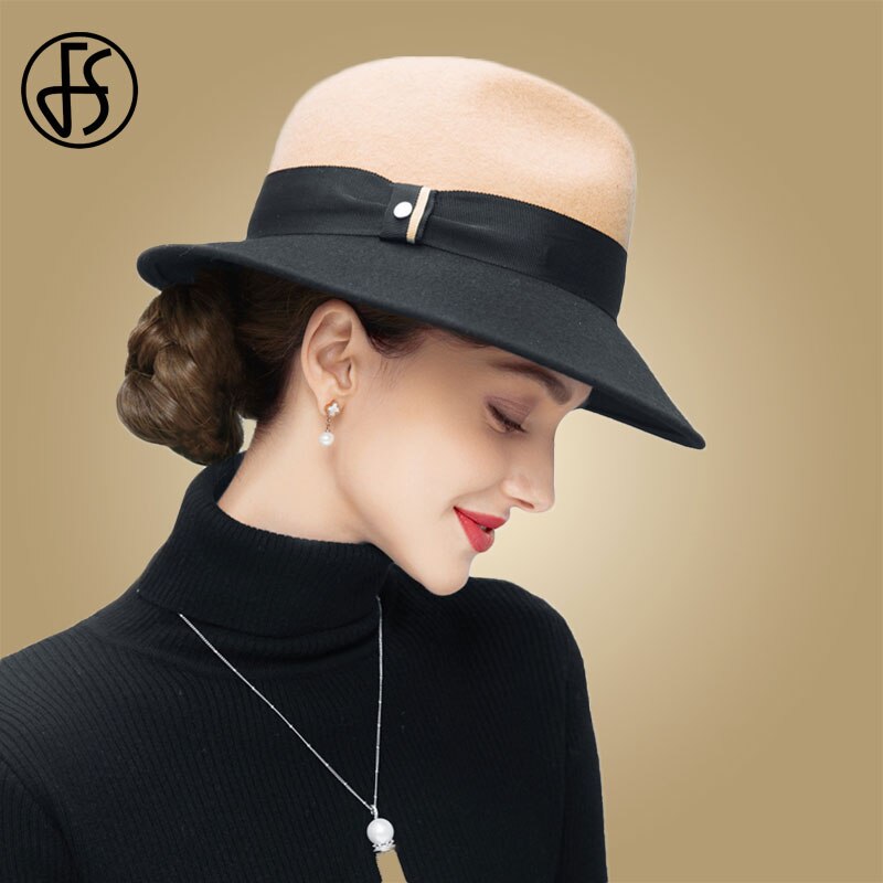 Fs bred brätte fedora kamel och svart dam hattar med band ull filt hattar bowler hatt chapeau femme feutre dam trilby hatt