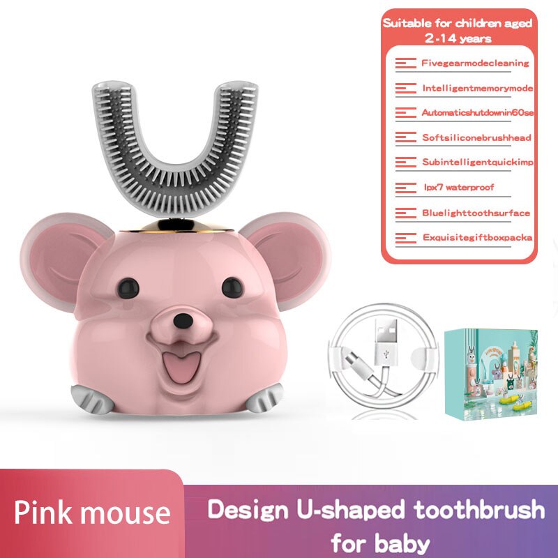 Intelligente 360-Graden Elektrische U-Vormige Tandenborstels Voor Kinderen Bevatten Automatische Ultrasone Tanden Ceaning En Whitening Auto: Pink mouse
