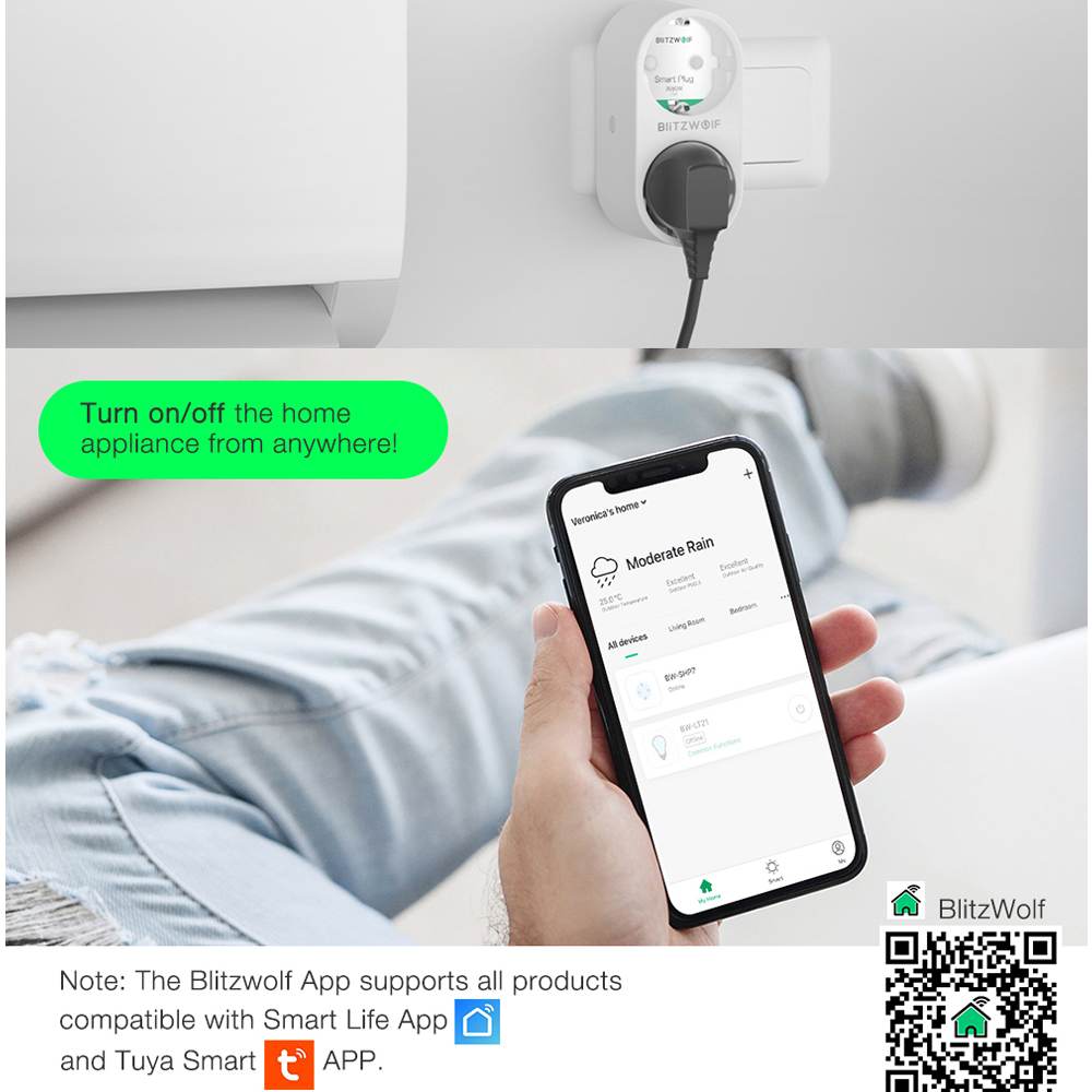BlitzWolf BW-SHP7 16A 2 en 1 enchufe Dual de la UE inteligente WIFI Socket Switch Control Remoto interruptor temporizador trabajo con Google asistente/Alexa