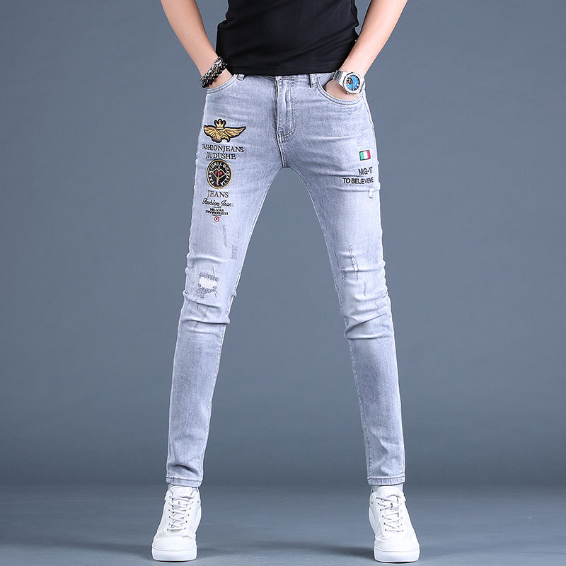Beggar Style Men’s Slim-fit Ripped Jeans Embroidery Stretch Denim Pants,Scratches Sexy Gray Jeans Pants;