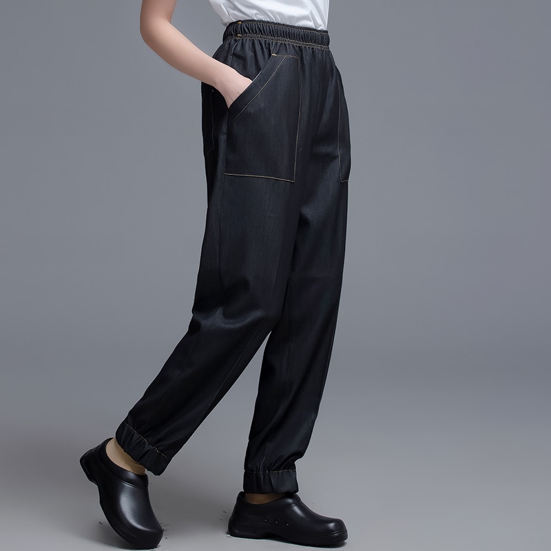 Elastic Waist Chef Pants Stretch Denim Fabric Cook Work Pants Bakery Barber Trousers Food Service Catering Hotel Kitchen Uniform